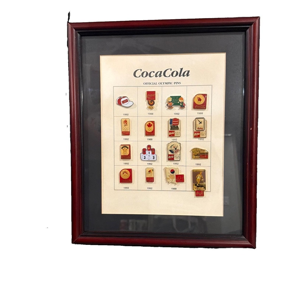 Vtg custom Framed Coca-Cola Olympic Pin Collection 16 Lapel Pins '88 '92 '94